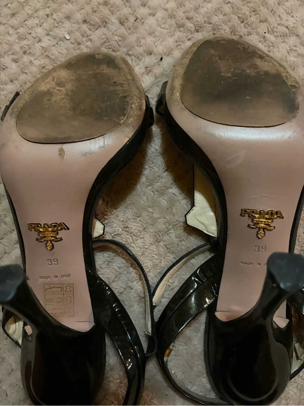 Prada Black Patent Leather T-Strap Heels with Geometric Jewels
